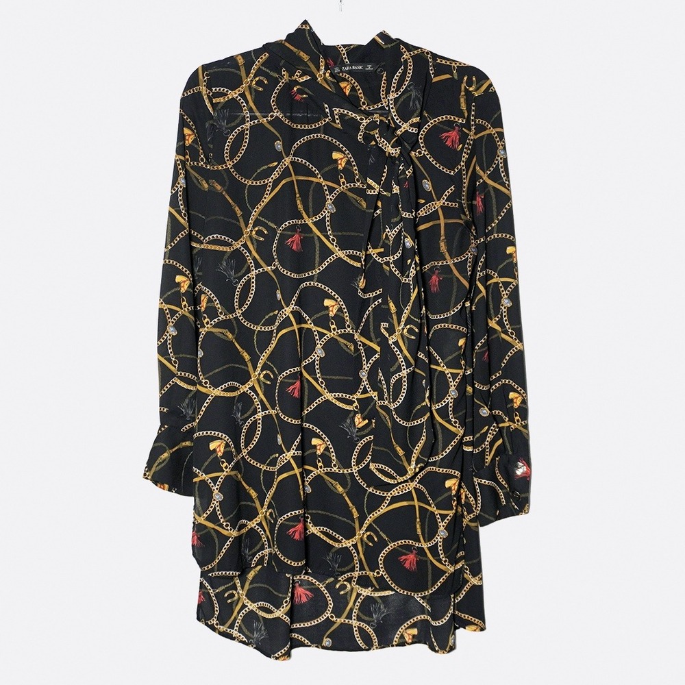 Zara Black Equestrian Chain Tassel Print Tie-Neck Blouse 0X Large Old Money - Picture 2 of 9